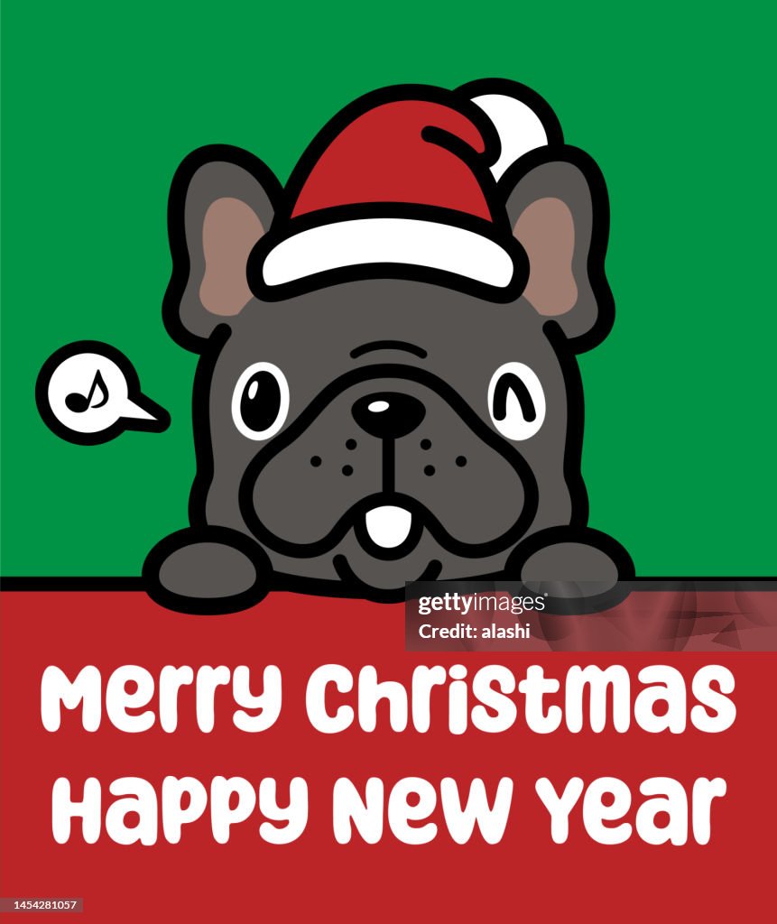 Un simpatico Bulldog francese che indossa un cappello da Babbo Natale tiene un cartello e ti augura un Buon Natale e un Felice Anno Nuovo