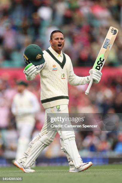 Usman Khawaja of Australia celebrates his century during day two of the Second Test match in the series between Australia and South Africa at Sydney...