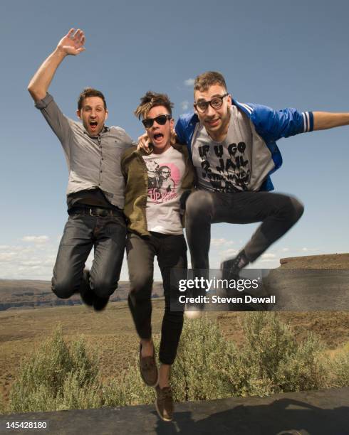 Andrew Dost, Nate Ruess and Jack Antonoff of Fun pose for a portrait backstage at the Gorge Amphitheater on May 28, 2012 in George, Washington.