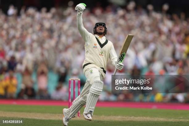 Usman Khawaja of Australia celebrates his century during day two of the Second Test match in the series between Australia and South Africa at Sydney...