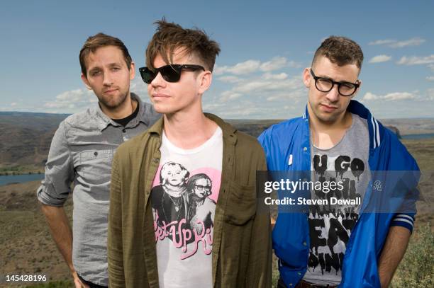 Andrew Dost, Nate Ruess and Jack Antonoff of Fun pose for a portrait backstage at the Gorge Amphitheater on May 28, 2012 in George, Washington.