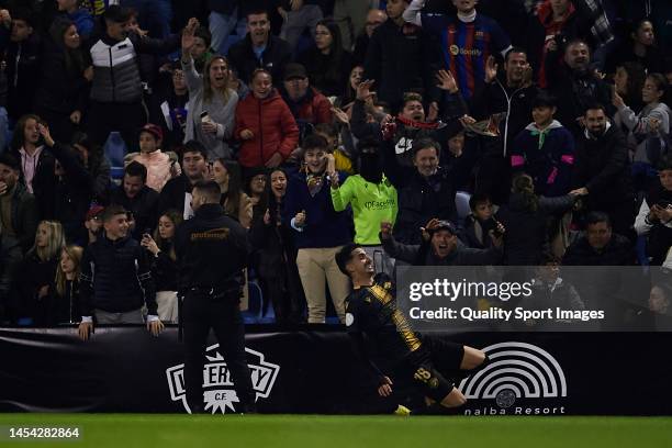 Oriol Solde of CF Intercity celebrates after scoring his team's third goal during the Copa Del Rey round of 32 match between CF Intercity and FC...