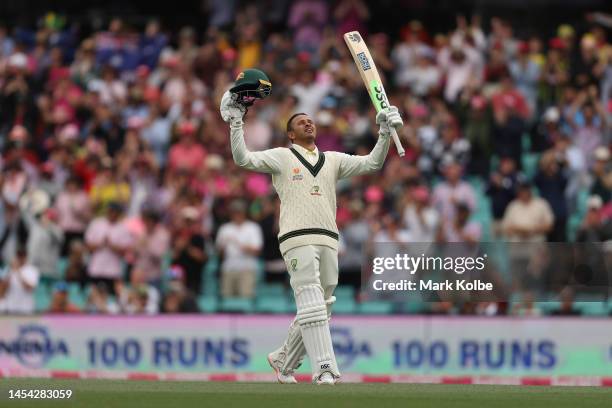 Usman Khawaja of Australia celebrates his century during day two of the Second Test match in the series between Australia and South Africa at Sydney...