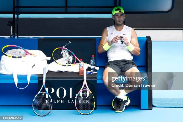 Rafael Nadal of Spain competes in a practice session ahead of the 2023 Australian Open at Melbourne Park on January 05, 2023 in Melbourne, Australia.