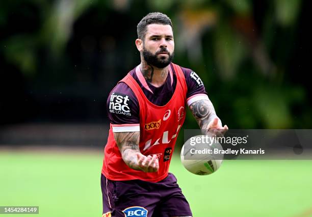 Adam Reynolds passes the ball during a Brisbane Broncos NRL training session at Gilbert Park on January 05, 2023 in Brisbane, Australia.