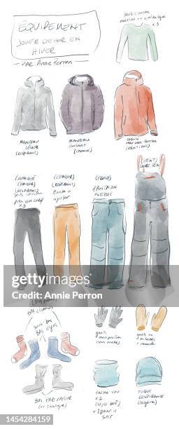 hand-drawn and watercolor set of winter clothes and essentials doodle for sport expedition - boot icon stock pictures, royalty-free photos & images