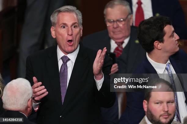 House Republican leader Kevin McCarthy reacts during a vote to adjourn following a day of votes for the new Speaker of the House at the U.S. Capitol...