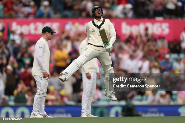 Usman Khawaja of Australia celebrates his century during day two of the Second Test match in the series between Australia and South Africa at Sydney...