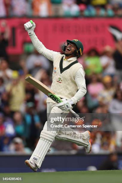 Usman Khawaja of Australia celebrates his century during day two of the Second Test match in the series between Australia and South Africa at Sydney...