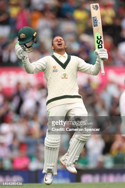 Usman Khawaja of Australia celebrates his century during day two of the Second Test match in the series between Australia and South Africa at Sydney...