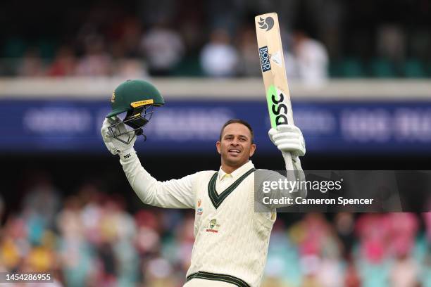 Usman Khawaja of Australia celebrates his century during day two of the Second Test match in the series between Australia and South Africa at Sydney...