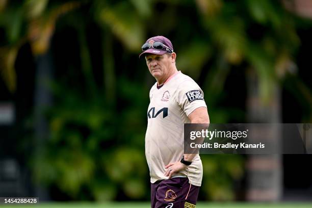 Coach Kevin Walters watches on during a Brisbane Broncos NRL training session at Gilbert Park on January 05, 2023 in Brisbane, Australia.