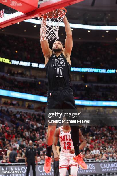 Ben Simmons of the Brooklyn Nets dunks against the Chicago Bulls during the first half at United Center on January 04, 2023 in Chicago, Illinois....