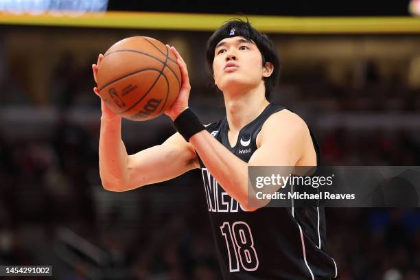 Yuta Watanabe of the Brooklyn Nets shoots a free throw against the Chicago Bulls during the first half at United Center on January 04, 2023 in...