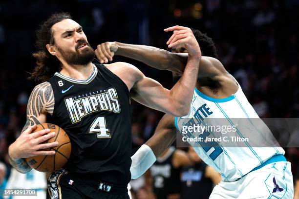 Steven Adams of the Memphis Grizzlies drives to the basket against Mark Williams of the Charlotte Hornets during the second half of the game at...