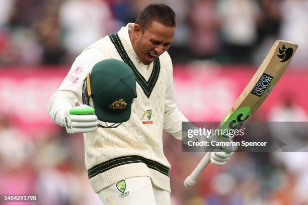 Usman Khawaja of Australia celebrates his century during day two of the Second Test match in the series between Australia and South Africa at Sydney...