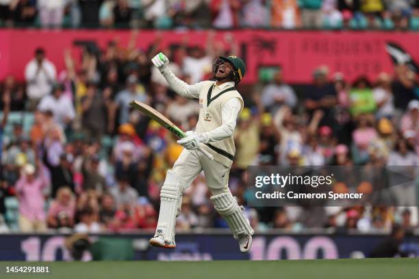 Usman Khawaja of Australia celebrates his century during day two of the Second Test match in the series between Australia and South Africa at Sydney...