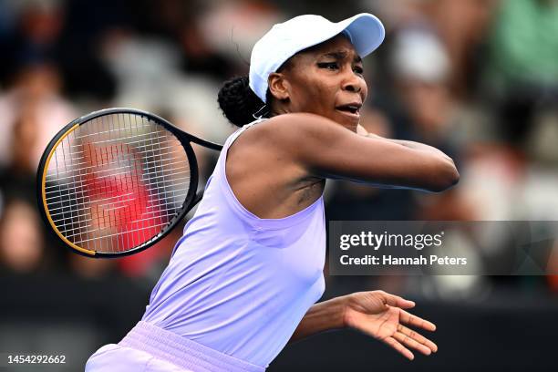 Venus Williams of USA plays a forehand during her second round match against Lin Zhu of China during day four of the 2023 ASB Classic Women's at the...