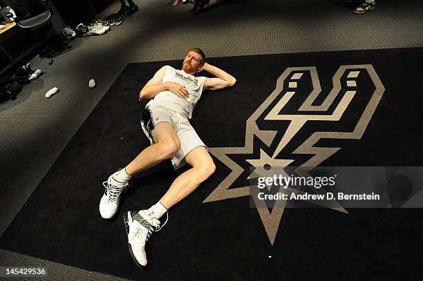 Matt Bonner of the San Antonio Spurs relaxes in the locker room prior to the start against the Oklahoma City Thunder in Game Two of the Western...