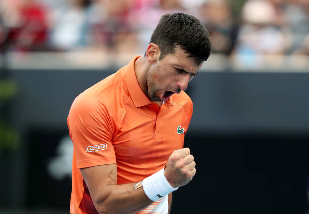 Novak Djokovic of Serbia competes against Quentin Halys of France during day five of the 2023 Adelaide International at Memorial Drive on January 05,...