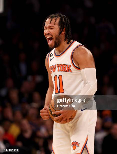 Jalen Brunson of the New York Knicks reacts late in the fourth quarter against the San Antonio Spurs at Madison Square Garden on January 04, 2023 in...