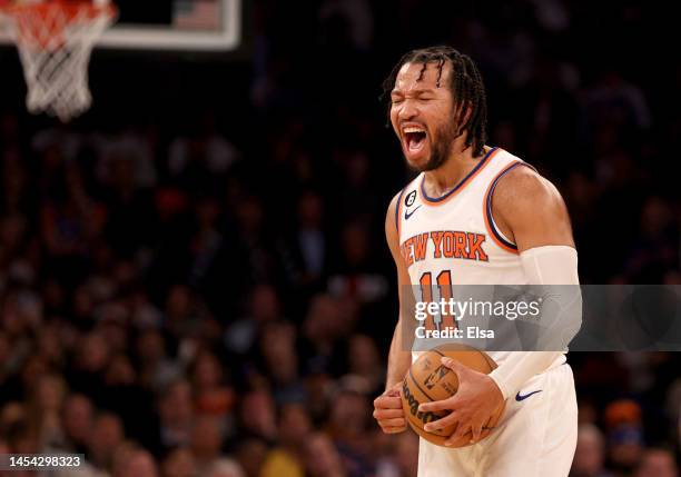 Jalen Brunson of the New York Knicks reacts late in the fourth quarter against the San Antonio Spurs at Madison Square Garden on January 04, 2023 in...