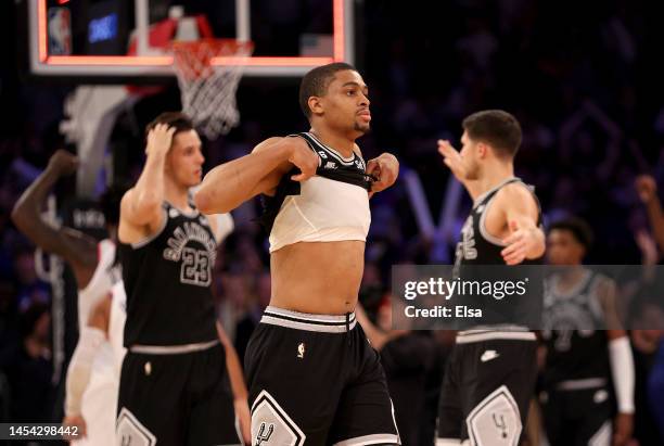 Keldon Johnson of the San Antonio Spurs reacts to the loss after the game against the New York Knicks at Madison Square Garden on January 04, 2023 in...