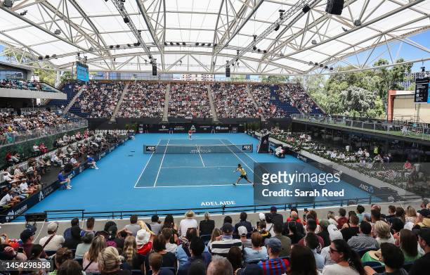 General view Novak Djokovic of Serbia competes against Quentin Halys of Franceduring day five of the 2023 Adelaide International at Memorial Drive on...