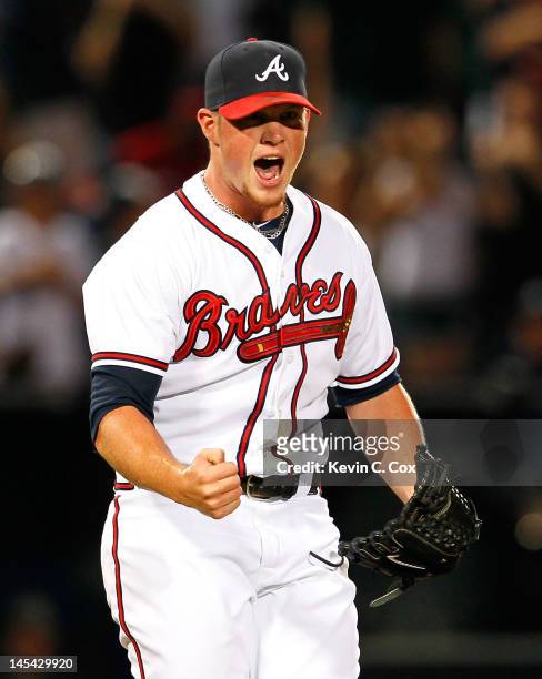 Craig Kimbrel of the Atlanta Braves reacts after their 5-4 win over the St. Louis Cardinals at Turner Field on May 29, 2012 in Atlanta, Georgia.