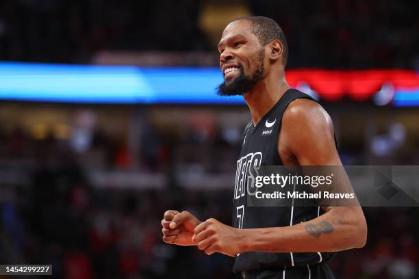 Kevin Durant of the Brooklyn Nets reacts against the Chicago Bulls during the second half at United Center on January 04, 2023 in Chicago, Illinois....