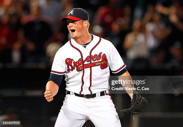 Craig Kimbrel of the Atlanta Braves reacts after their 5-4 win over the St. Louis Cardinals at Turner Field on May 29, 2012 in Atlanta, Georgia.