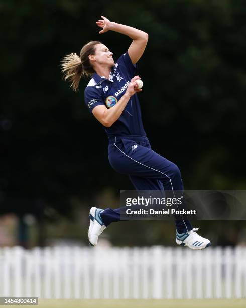 Ellyse Perry of Victoria bowls during the WNCL match between Victoria and New South Wales at CitiPower Centre, on January 05 in Melbourne, Australia.