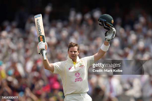 Steve Smith of Australia celebrates his century during day two of the Second Test match in the series between Australia and South Africa at Sydney...