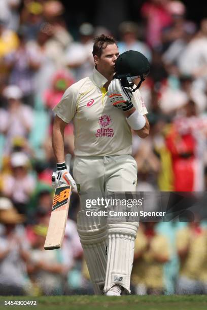 Steve Smith of Australia celebrates his century during day two of the Second Test match in the series between Australia and South Africa at Sydney...