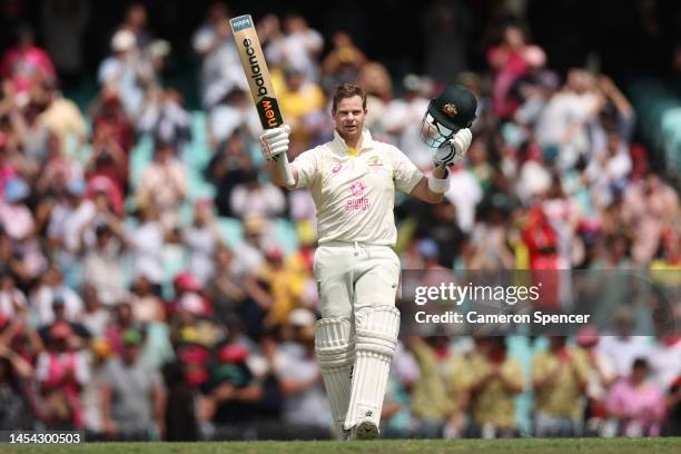 Steve Smith of Australia celebrates his century during day two of the Second Test match in the series between Australia and South Africa at Sydney...