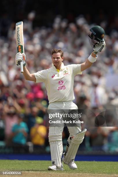 Steve Smith of Australia celebrates his century during day two of the Second Test match in the series between Australia and South Africa at Sydney...