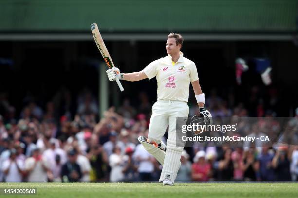 Steve Smith of Australia celebrates after reaching their century during day two of the Second Test match in the series between Australia and South...