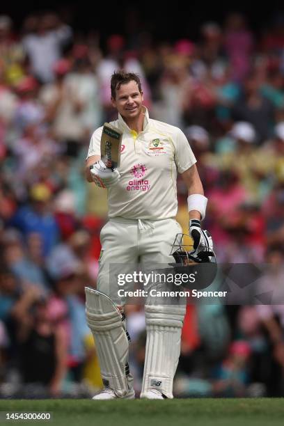 Steve Smith of Australia celebrates his century during day two of the Second Test match in the series between Australia and South Africa at Sydney...