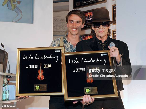 Udo Lindenberg and Clueso attend the awarding of Platinum for selling 1 000 DVD's of "MTV Unplugged From The Hotel Atlantic" at the Hotel Atlantic on...