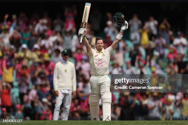 Steve Smith of Australia celebrates his century during day two of the Second Test match in the series between Australia and South Africa at Sydney...