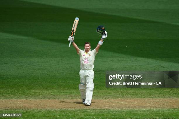 Steve Smith of Australia celebrates after scoring a century during day two of the Second Test match in the series between Australia and South Africa...