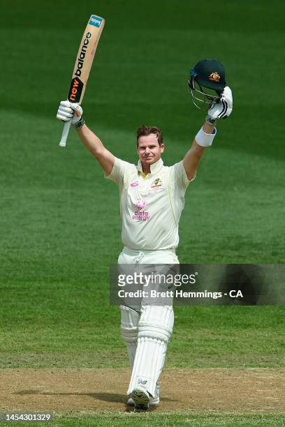 Steve Smith of Australia celebrates after scoring a century during day two of the Second Test match in the series between Australia and South Africa...