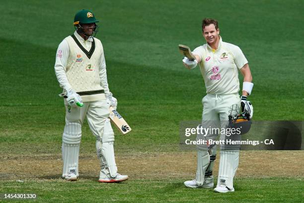 Steve Smith of Australia celebrates after scoring a century during day two of the Second Test match in the series between Australia and South Africa...