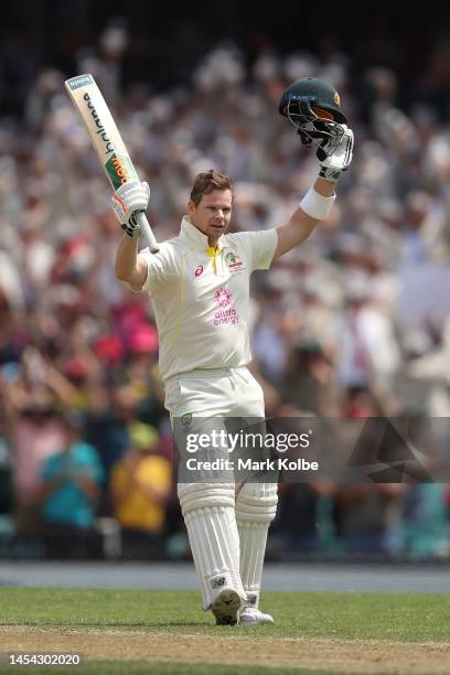 Steve Smith of Australia celebrates his century during day two of the Second Test match in the series between Australia and South Africa at Sydney...