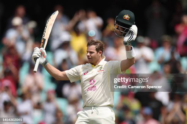 Steve Smith of Australia celebrates his century during day two of the Second Test match in the series between Australia and South Africa at Sydney...