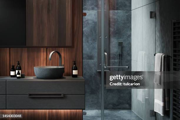 moderno baño minimalista de lujo oscuro - lavabo fotografías e imágenes de stock