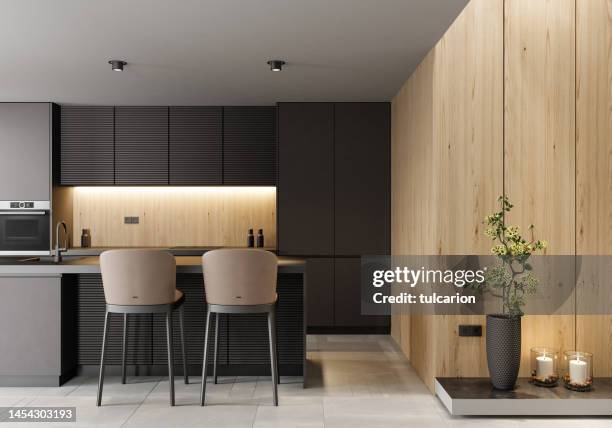 moderne minimalistische küche mit langer insel - luxury kitchen stock-fotos und bilder