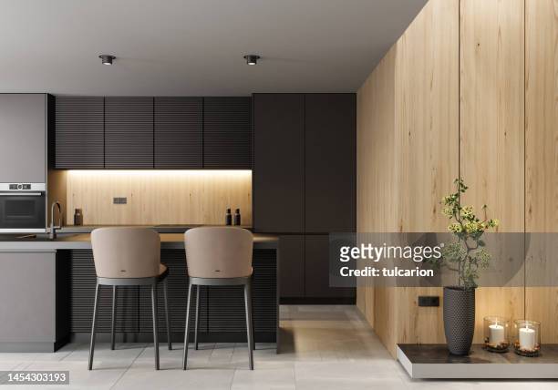 modern minimalist kitchen with long island - cozy kitchen stockfoto's en -beelden