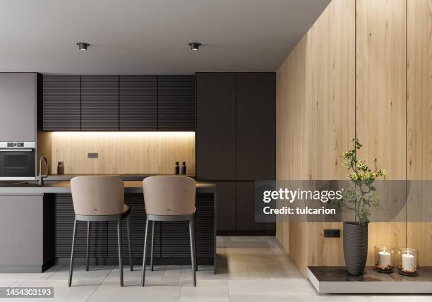 modern minimalist kitchen with long island - kitchen wide stock pictures, royalty-free photos & images