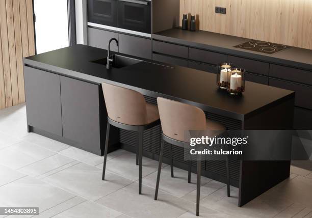 cuisine minimaliste moderne avec îlot long - tabouret photos et images de collection